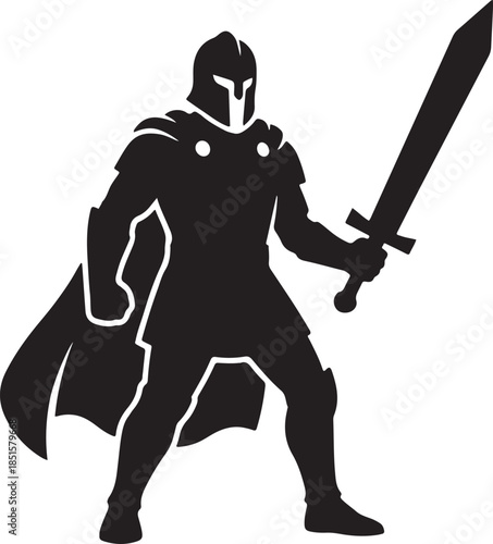 lack silhouette of warrior holding sword on white background, vector