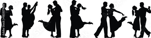 Romantic dancing couples silhouettes set, elegant ballroom and tango poses, loving partners movement, black romance celebration vector illustration collection