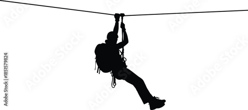 Zipline adventure silhouette vector illustration, person sliding on rope, extreme outdoor activity outline for travel, sport, adrenaline lifestyle design