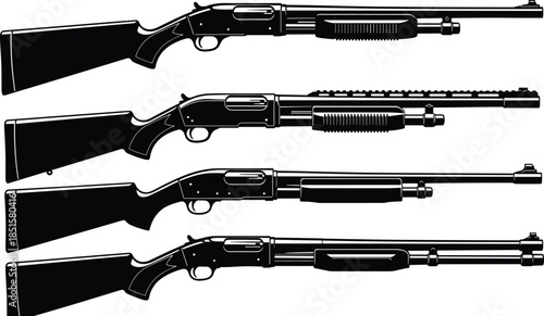 Shotgun silhouette vector illustration set, tactical pump action firearm collection, hunting and security weapon outlines for military, defense, equipment design