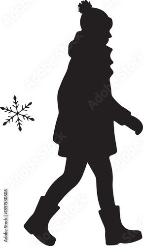 A black and white icon of a person in a winter coat and hat walking through falling snowflakes on a cold day