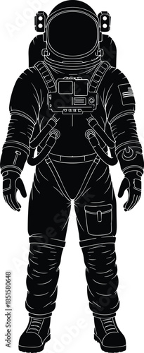 Astronaut silhouette in detailed spacesuit, space exploration science concept, cosmonaut figure, futuristic black vector illustration isolated on white background