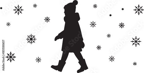 A black and white icon of a person in a winter coat and hat walking through falling snowflakes on a cold day