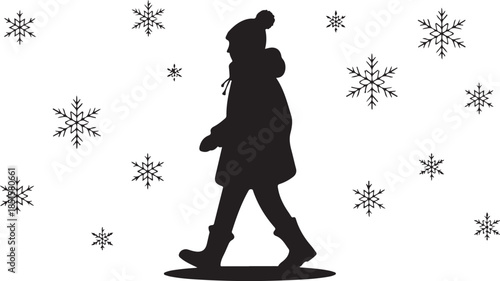 A black and white icon of a person in a winter coat and hat walking through falling snowflakes on a cold day