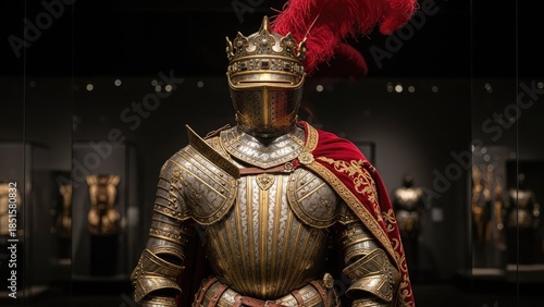 Ornate Golden Suit of Armor with Crown and Red Plume Displayed in a Museum.