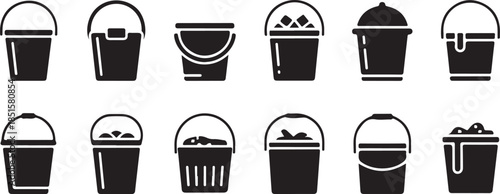 A collection of ice bucket silhouette icon set. simple design black color and white background