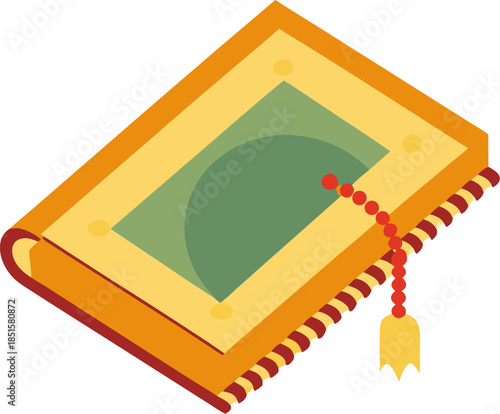 Flat design vector of a prayer mat (Janamaz) with a rosary (Tasbih) resting on it, white background.