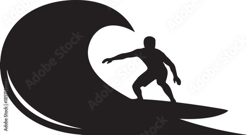 black silhouette of surfer on white background, vector