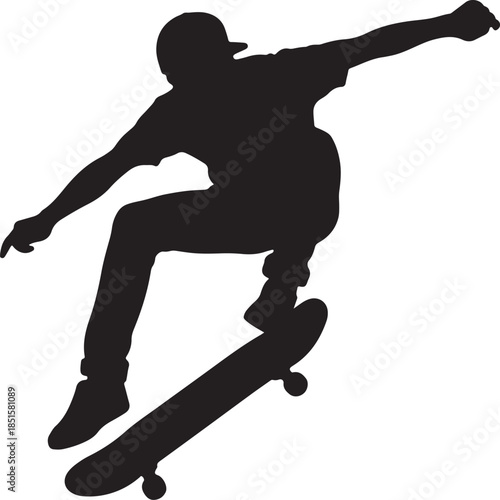black silhouette of skateboarder on white background, vector