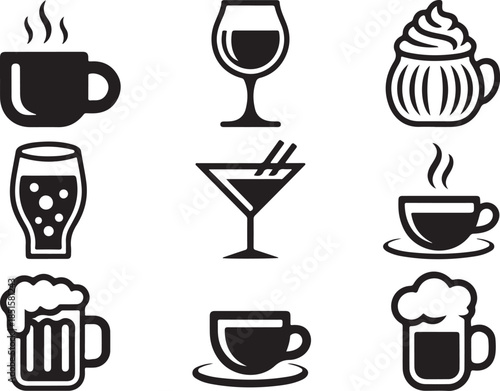 Beverage silhouette icon set. featuring coffee, wine, apple cider, beer, cocktail, hot chocolate cups, and mugs.