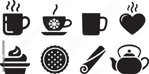 Black silhouette icons featuring coffee cup, tea mug, chocolate cup, dessert, pie, cinnamon stick, teapot, and steamy heart