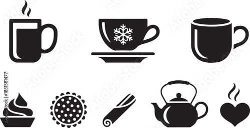 Black silhouette icons featuring coffee cup, tea mug, chocolate cup, dessert, pie, cinnamon stick, teapot, and steamy heart