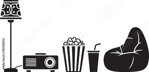 Black silhouette of a floor lamp projector popcorn bucket drink and bean bag chair vector