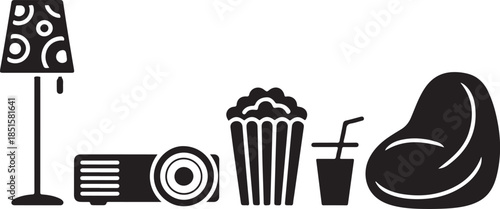 Black silhouette of a floor lamp projector popcorn bucket drink and bean bag chair vector