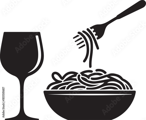 Black silhouette of a wine glass and spaghetti with fork