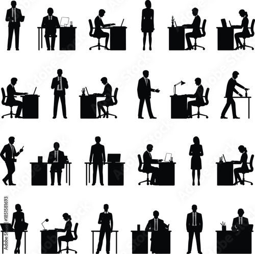 Black silhouettes of people working at desks in office settings
