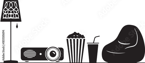 Black silhouette of a floor lamp projector popcorn bucket drink and bean bag chair vector