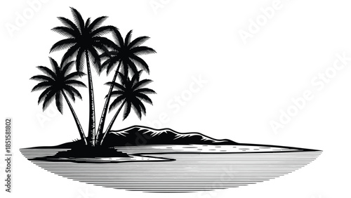 Tropical island scene with palm trees and a serene ocean landscape