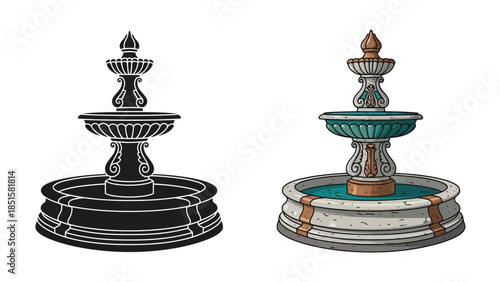 Two ornamental fountains one monochrome and one colored depicted in a vintage style
