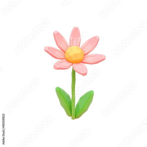 Colorful low poly pink flower with green leaves on white background