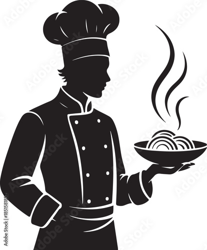 Chef presenting a steaming bowl of spaghetti