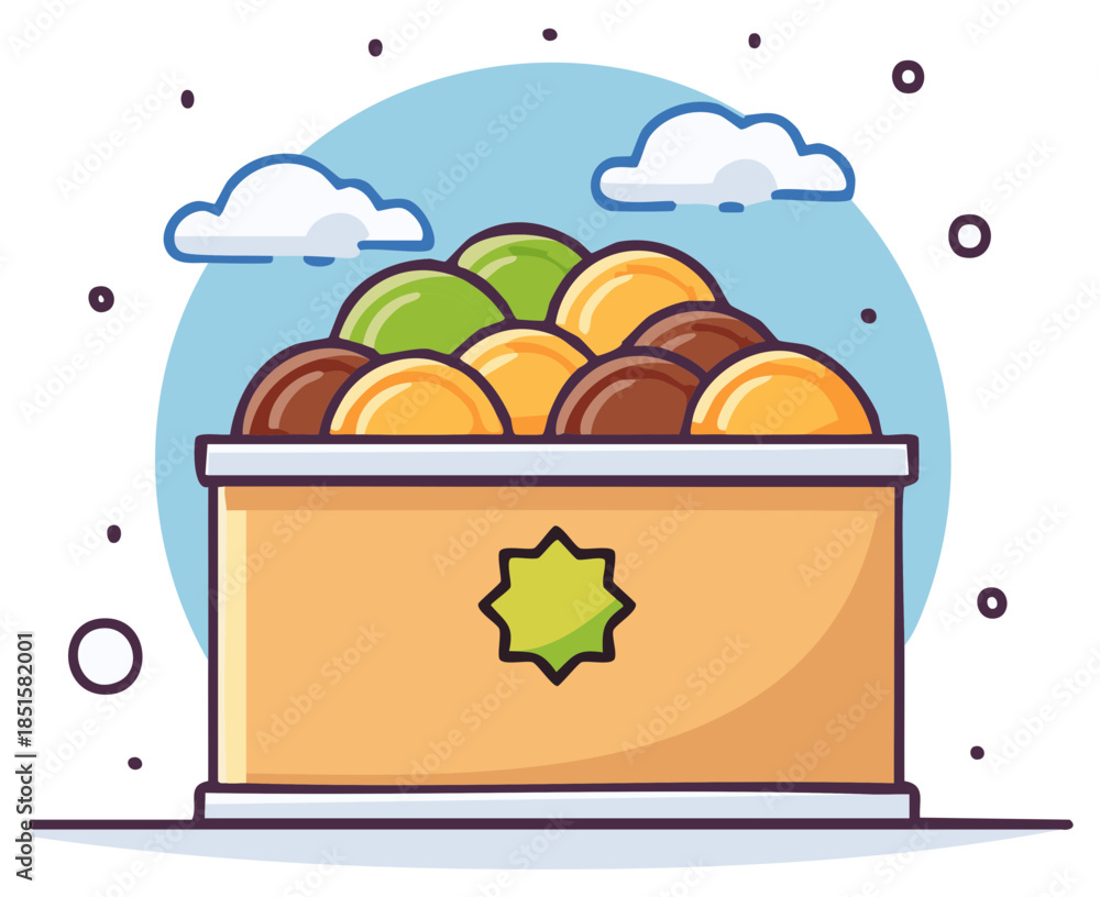 Fototapeta premium Cartoon illustration of a box filled with colorful spherical treats under clouds.