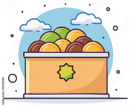 Cartoon illustration of a box filled with colorful spherical treats under clouds.