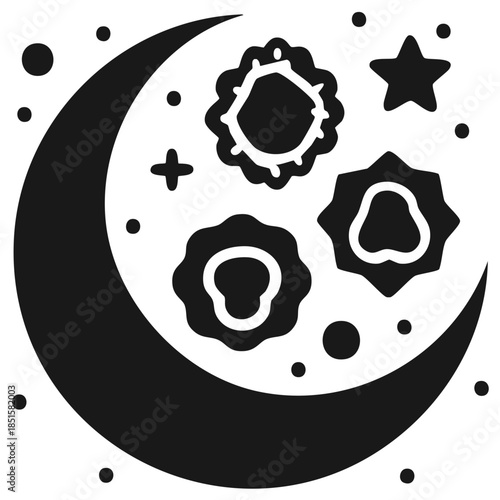 Mystical crescent moon with celestial bodies and glowing stars in silhouette