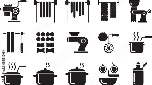 Collection of kitchen utensil icons for pasta making and cooking