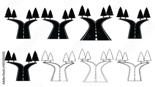 Stylized illustration of branching roads and trees in black and white
