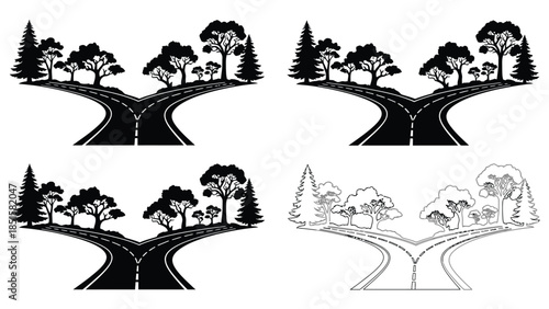 A winding road through a landscape of trees shown in varying styles