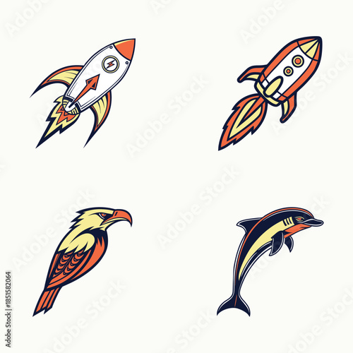 Rocket Launch, Eagle and Dolphin Mascot Icons 