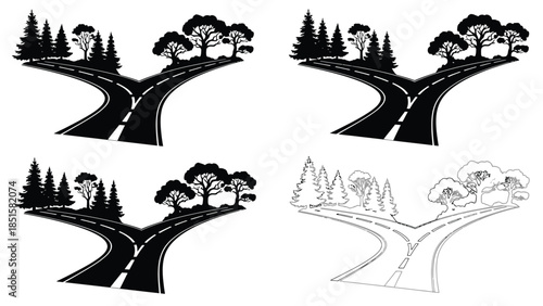A winding road through a forested landscape depicted in both black and white