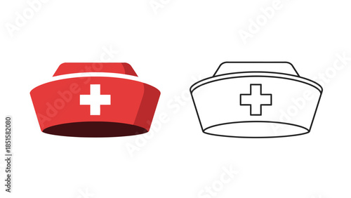 Two nurse hats one colored red with white cross one black and white outline