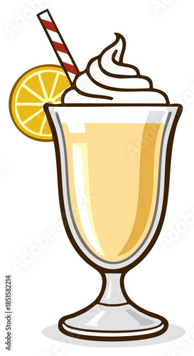 Lemonade cocktail with whipped cream, lemon slice, and striped straw