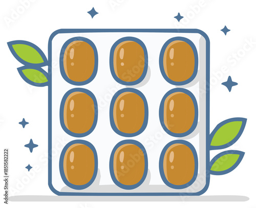 Pill pack with nine round orange capsules and green leaf accents