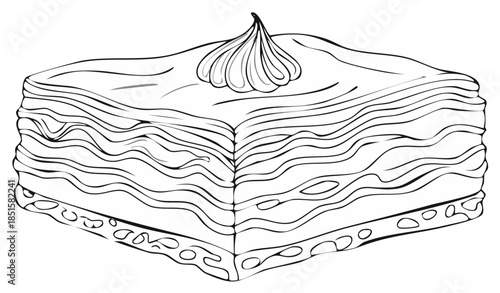 Stylized line art illustration of a layered dessert with cream topping