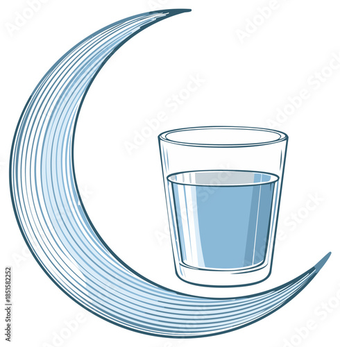 Stylized crescent moon cradling a glass of clear blue water