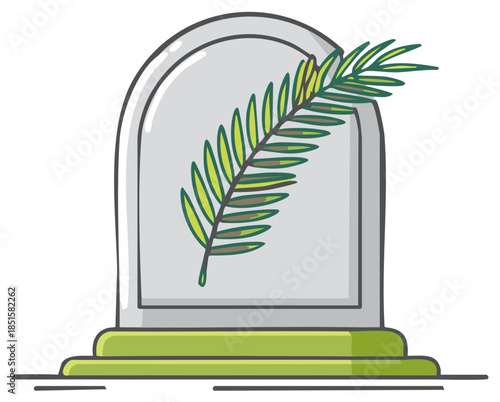 Cartoon illustration of a display case with a green plant leaf