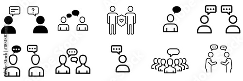 A professional collection of minimalist icons and silhouettes in this vector image set, illustrating individuals engaged in communication, asking questions, and exchanging answers