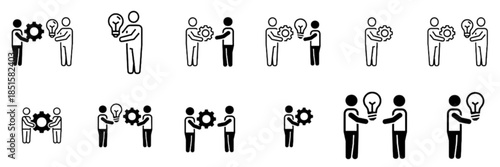 Professional collection of minimalist vector icons & silhouettes depicting individuals collaborating, sharing innovative ideas with gear & lightbulb symbols & presenting effective business solutions