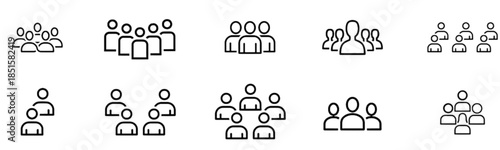 A comprehensive set of minimalist vector icons and silhouettes depicting diverse groups of people, collaborative meetings, and unified communities for business and social concepts