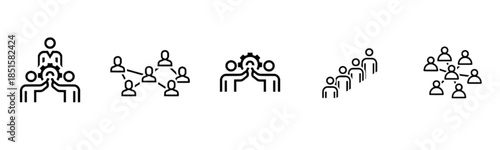 A professional set of minimalist vector icons and silhouettes featuring people in organized queues, complex networking structures, and collaborative teams providing innovative business solutions