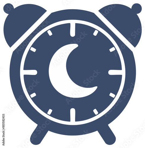 Dark blue alarm clock icon with crescent moon symbolizing night and sleep