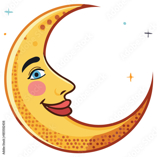 Cartoon crescent moon face smiling with blue eyes and pink cheeks under a starry sky