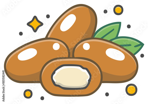 Group of Argan Nuts Illustration Showing the Kernel and Leaves Decoration