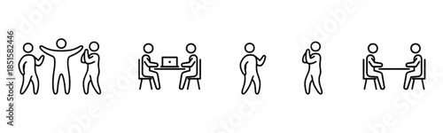 A diverse collection of minimalist vector icons and silhouettes featuring kids playing with blocks, professional business meetings, and organized social groups for community and workplace concepts