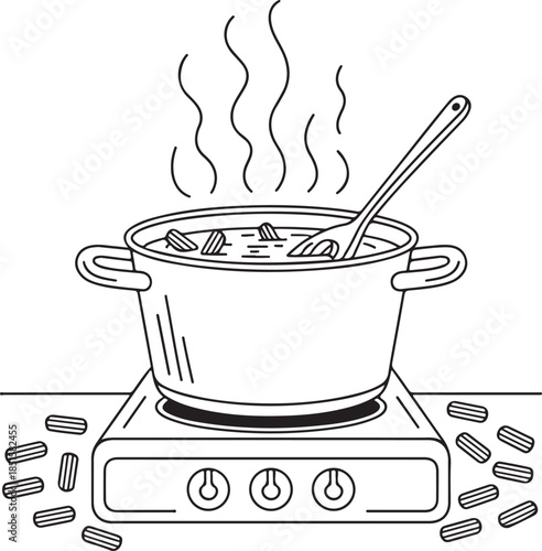 Cooking pasta in a pot with a wooden spoon on stove silhouette