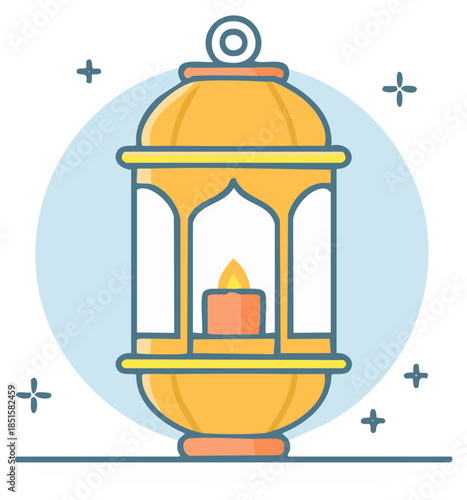 Glowing Lantern with Candle Flame Icon for Islamic Muslim Celebration Design Illustration