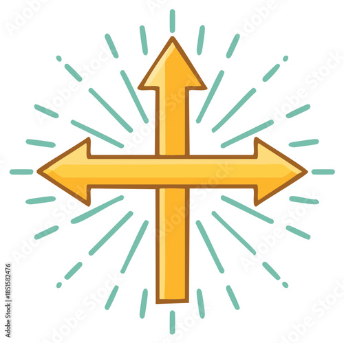 Cross of golden arrows indicating multiple pathways and possibilities with radiating energetic lines